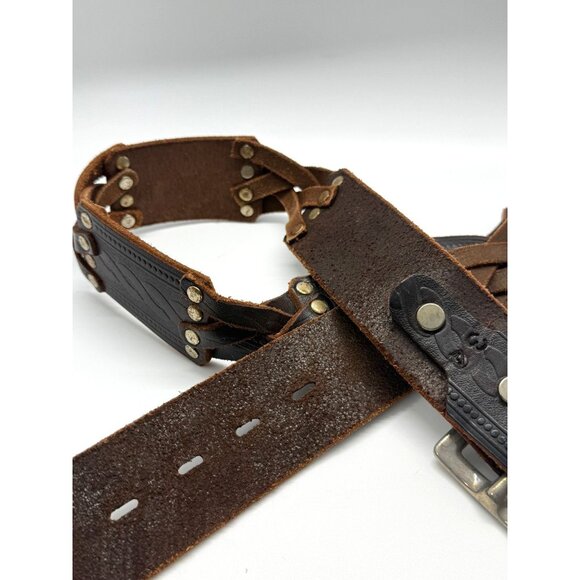 Hollywood Trading Co HTC Brown Leather Belt Studded Tooled Silver Buckle Size 34 - Picture 7 of 11